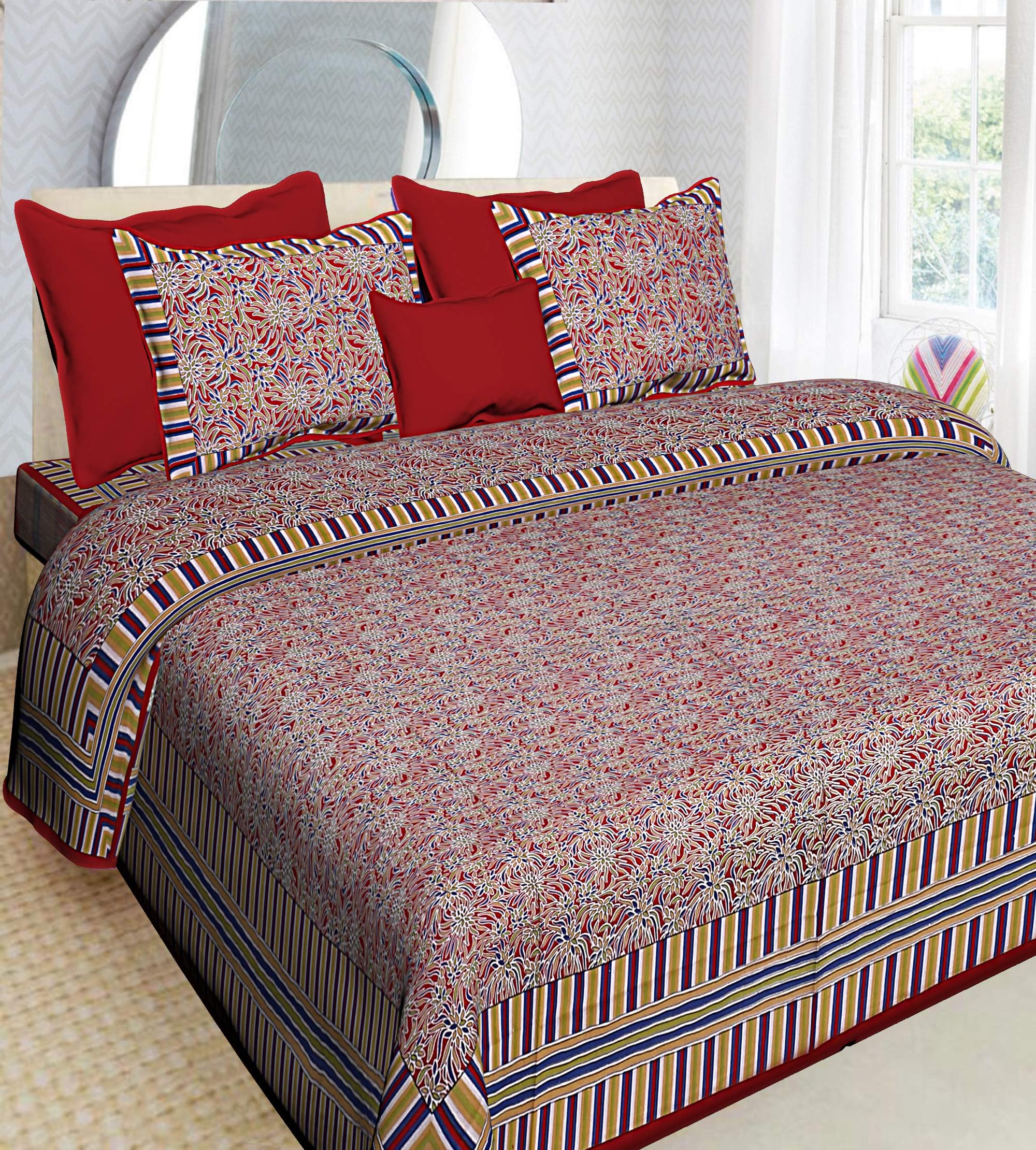 Florence Craft Jaipur Printed 100% Cotton Rajasthani Tradition King Size Double Bedsheet with 2 Pillow Cover
