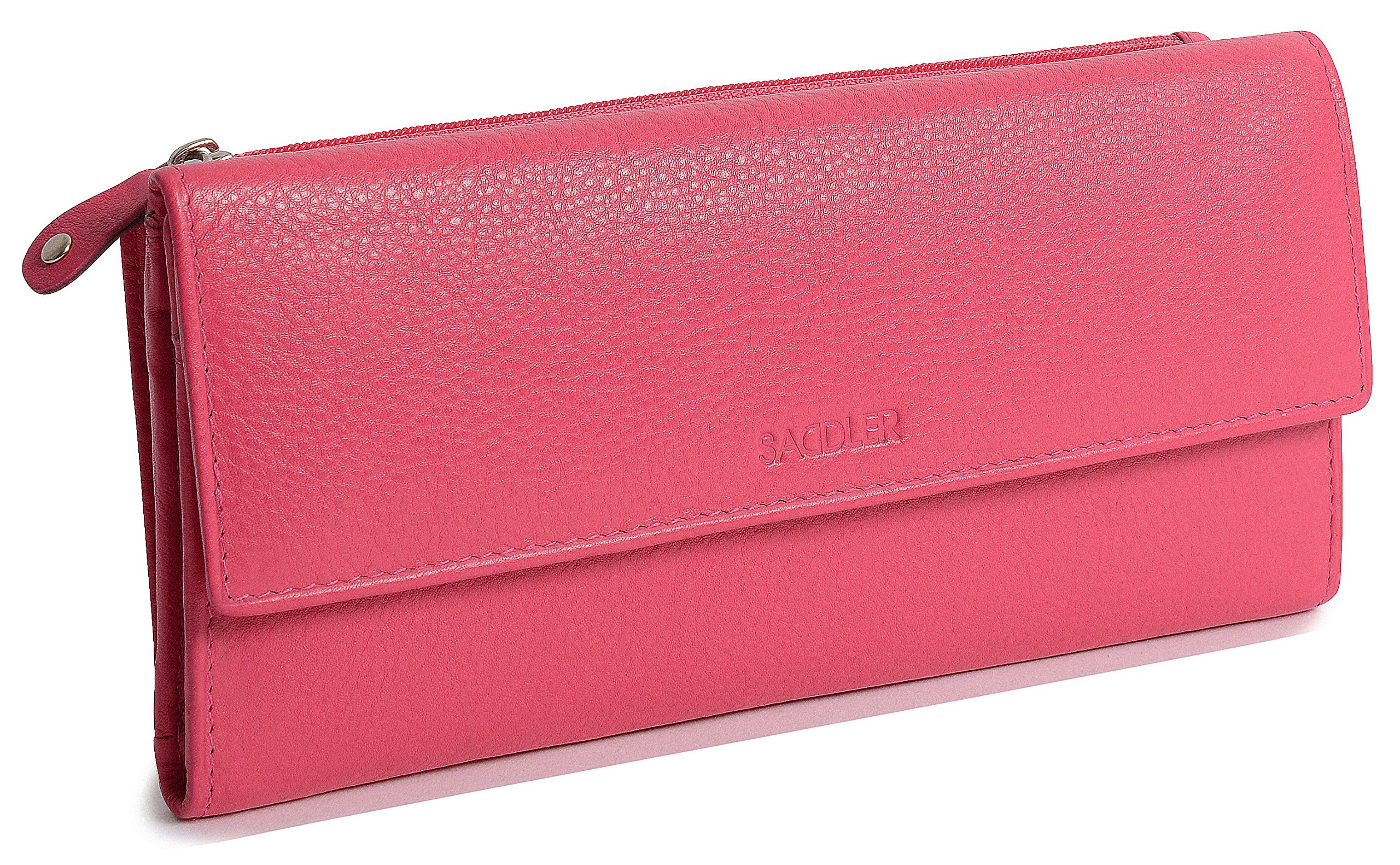 SADDLER Womens Luxurious Real Leather Trifold RFID Wallet Purse Clutch with Zippered Coin Pockets | Designer Ladies Multi Zipper Credit Card Holders | Gift Boxed - Fuchsia