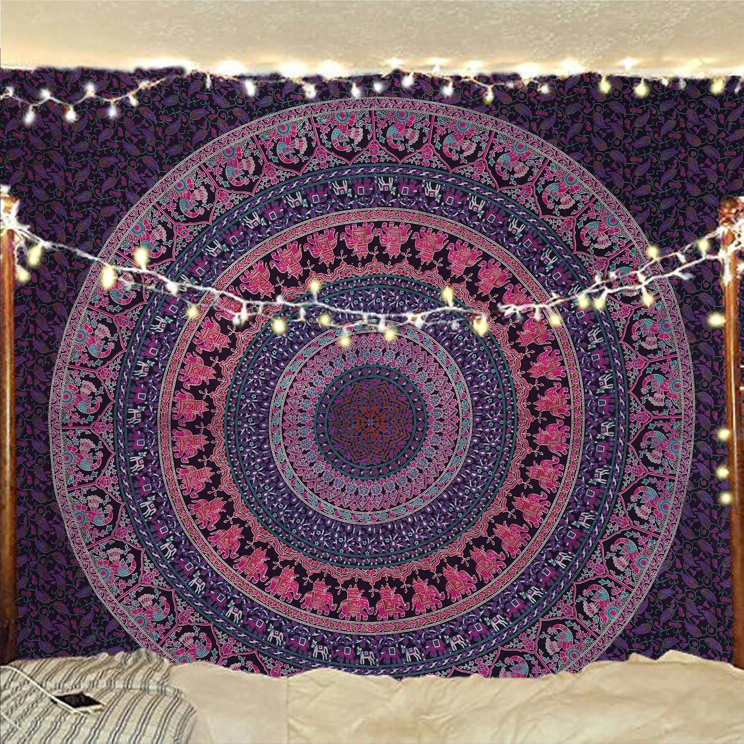 Tapestries - Bless International Indian-hippie-gypsy Bohemian-psychedelic Cotton-mandala Wall-hanging-tapestry-multi-color Large-mandala Hippie-tapestry (Purple Pink, King (88x104Inches)(225x265Cms))