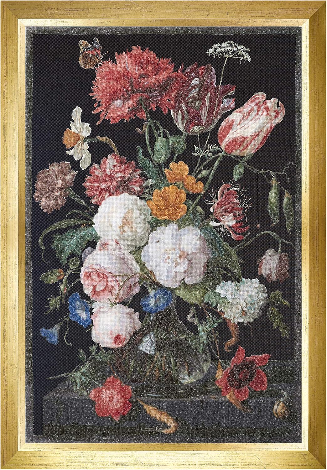 Thea Gouverneur, Counted Cross Stitch Kit, Still Life with Flowers in a Glass Vase, Aida Black, 18 Count, for Adults