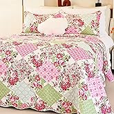 Cmfshape Summer Floral King Quilted Bedspread,Romantic Pink Quilt Set,Reversible Stitched Bedding Set All Season,Soft Lightweight Coverlet with Pillow Cases (Pink&Green, King102 x90)