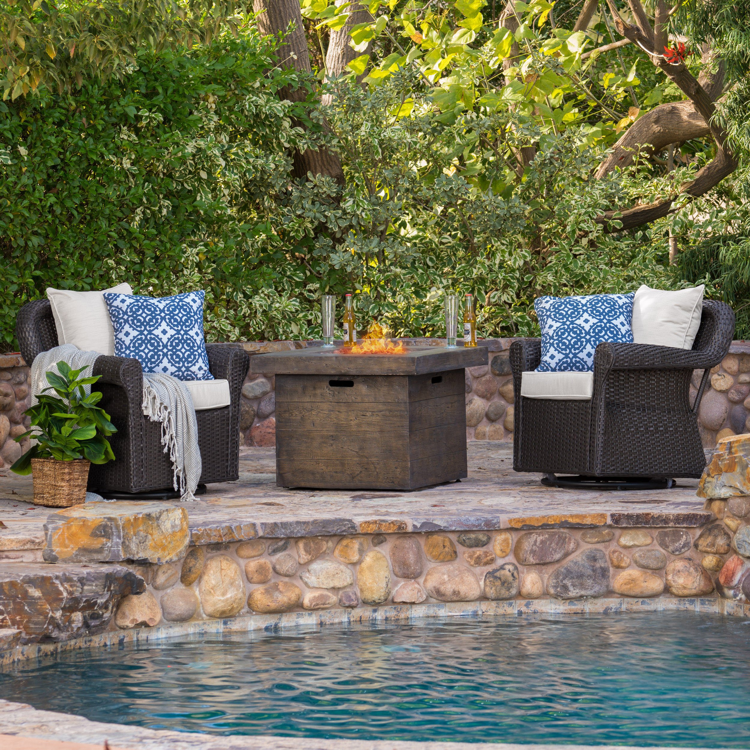 Augusta Patio Furniture ~ 3 Piece Outdoor Wicker Rocking Arm Chair and Propane (Gas) Fire Pit (Table) Set