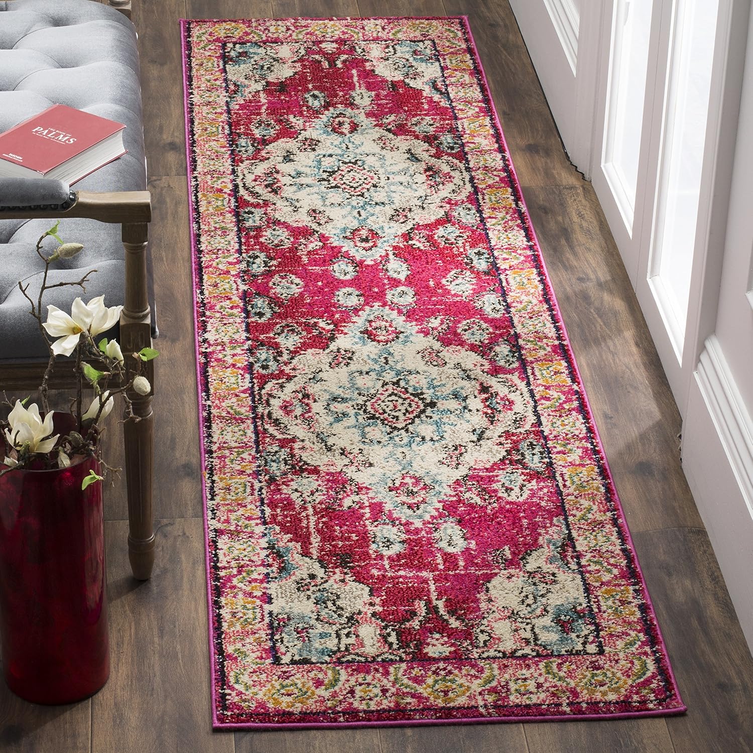 Safavieh Monaco Collection MNC243F Bohemian Chic Medallion Distressed Area Rug, 2' 2" x 10', Pink/Multi