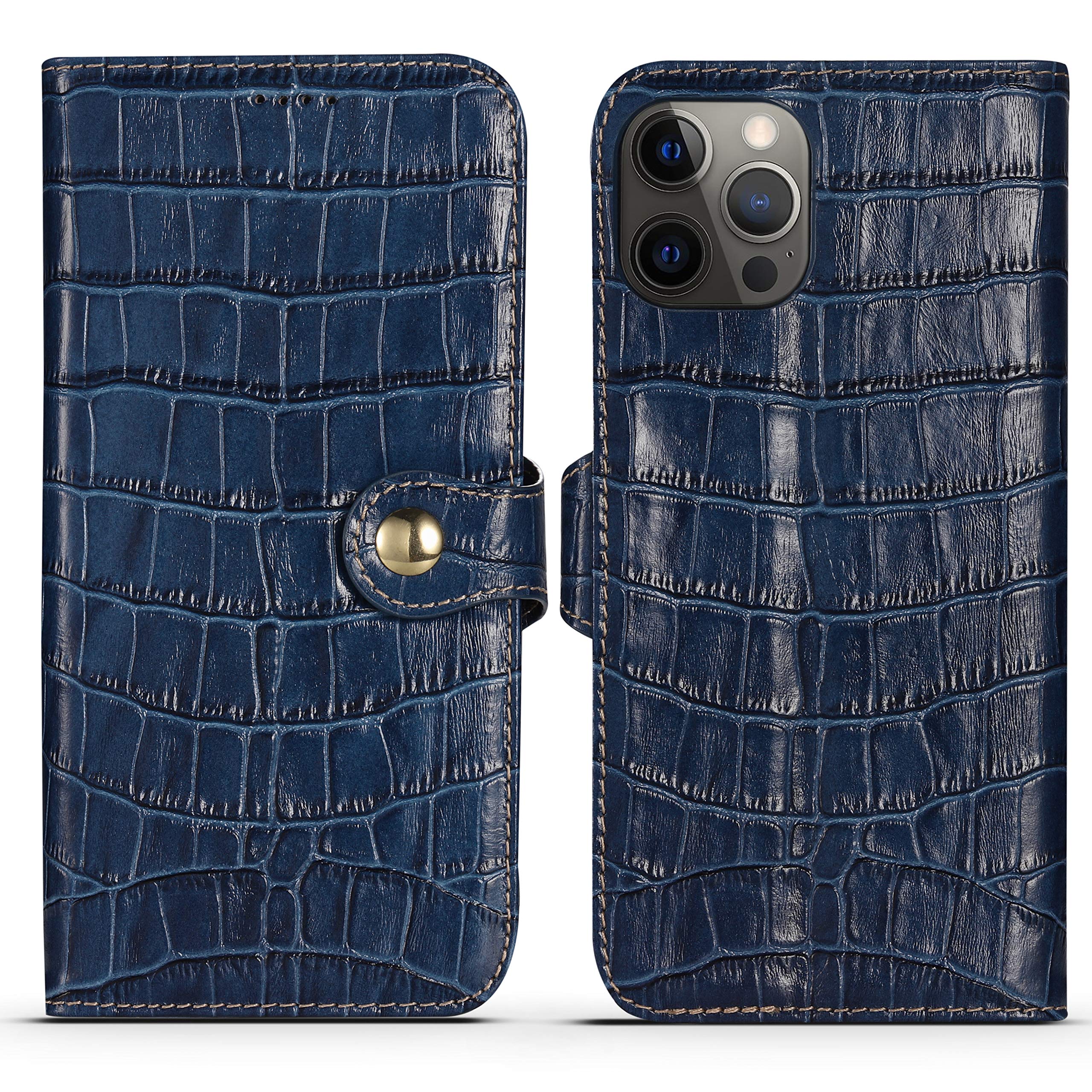 nincyee Genuine Leather Wallet Case for iPhone 12 Pro/iPhone 12,Classic Crocodile Pattern Real Leather Flip Stand Case Cover with Card Slot Blue