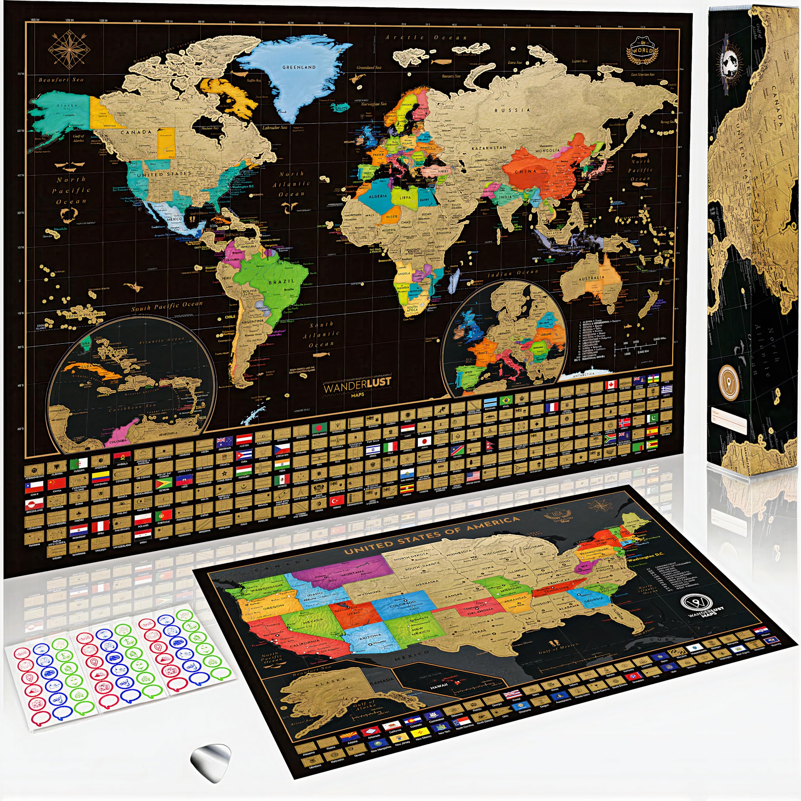 Scratch Off Map of the World + USA Map - Set of Two Deluxe Gold Scratch Off Travel Posters with Colourful Countries, US States and Flags - Made in Europe