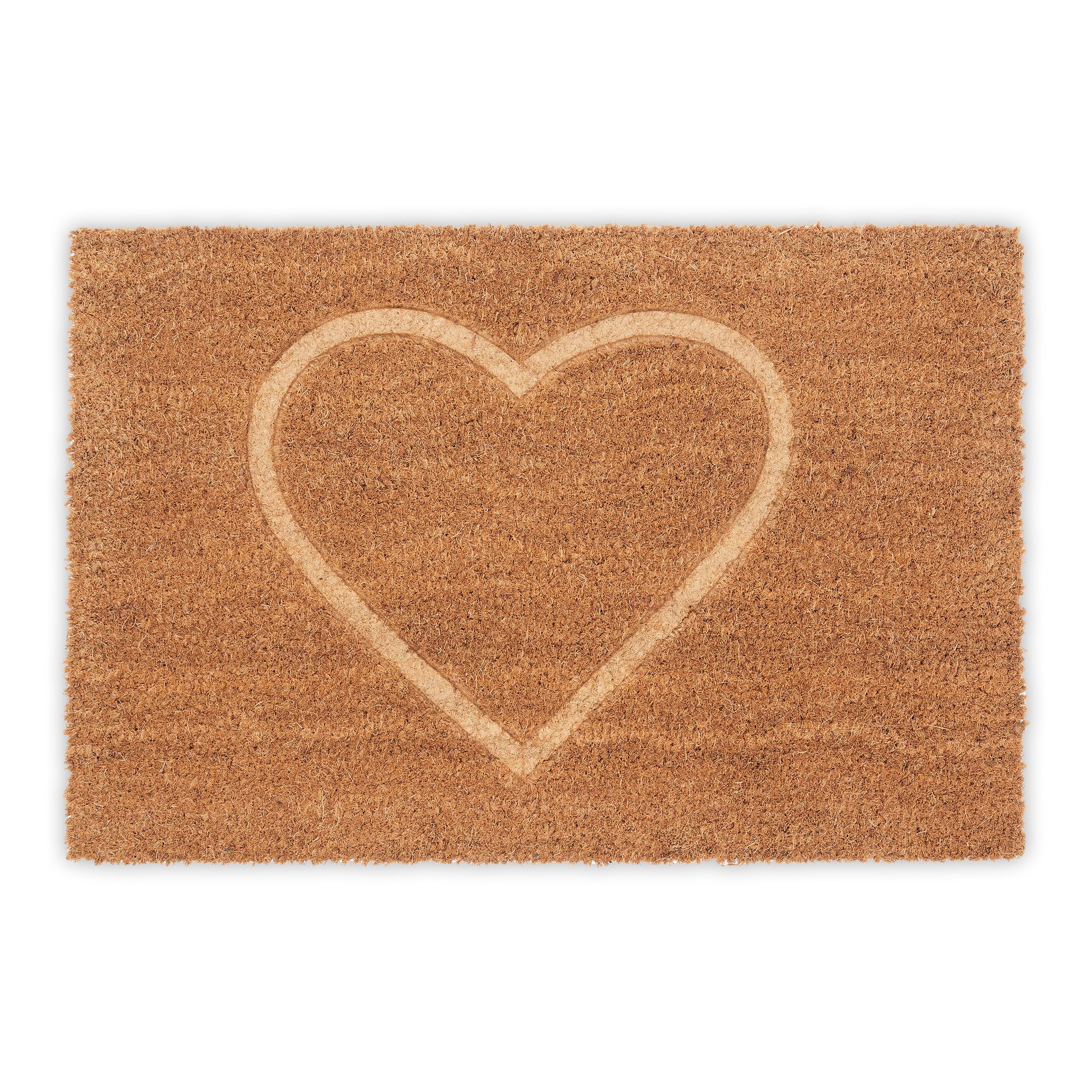 Relaxdays Coconut Doormat, Non-Slip, Engraved Heart, Indoor & Outdoor, Shoe Mat, Dirt Trap, 1.5 x 60 x 40 cm, Natural, Coco