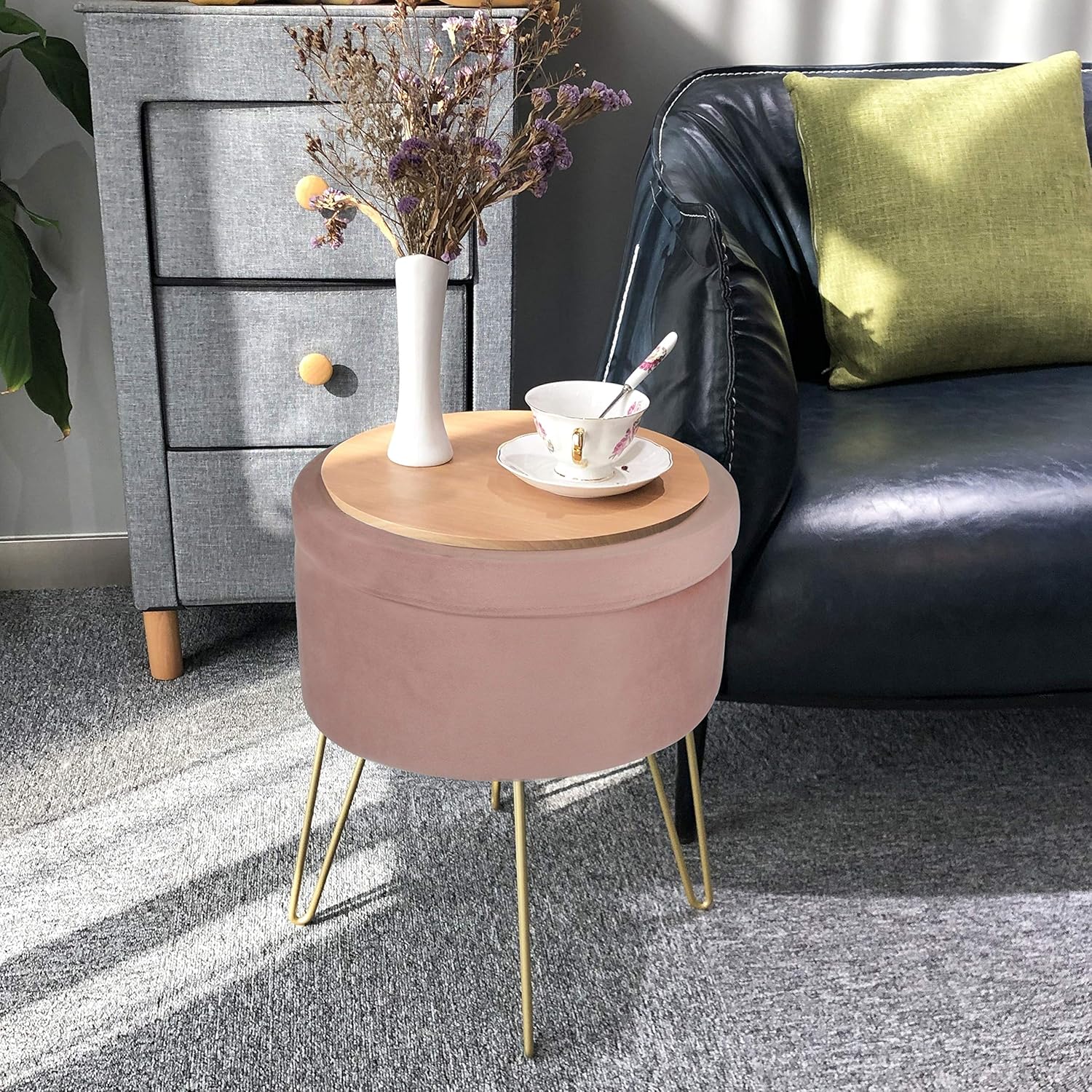 Velvet Storage Ottoman Home Vanity Seat/Table Small Round Soft Foot Rest Stool with Non-Slip Golden Hairpin Legs for Living Room, Bedroom and Kids Room (D15 xH18, Pink)