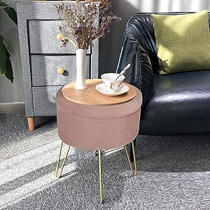 Velvet Storage Ottoman Home Vanity Seat/Table Small Round Soft Foot Rest Stool with Non-Slip Golden Hairpin Legs for Living Room, Bedroom and Kids Room (D15 xH18, Pink)