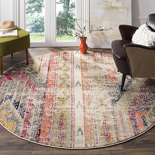 Safavieh Monaco Collection MNC222G Boho Chic Tribal Distressed Area Rug, 9' x 9' Round, Light Grey / Multi