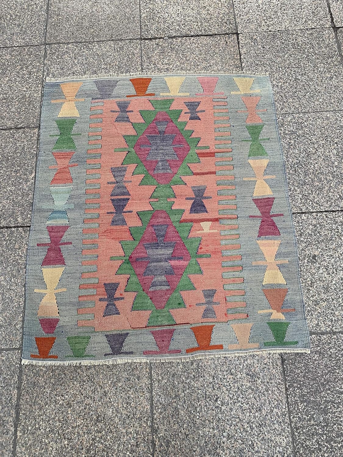 3x3.7 Feet Ethnic Handicraft Red Green Orange Yellow Beige