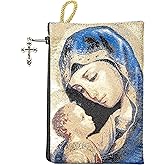 Intercession Hand-Woven, Lined Madonna and Child Rosary Pouch, Made in Turkey with Premium Metallic Thread (Blue - Large)