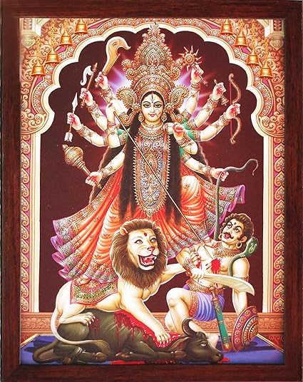 Deesse Kali Killing Bhairwa Avec Son Lion Un Hindou Religieux Poster Peinture Avec Cadre Pour Culte Amazon Fr Cuisine Maison