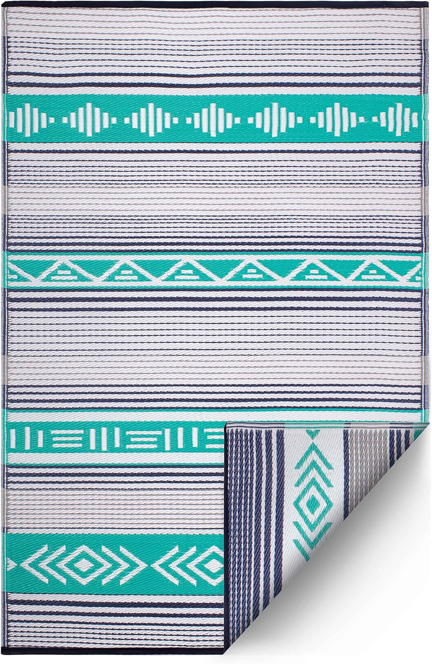 FAB HAB Outdoor Rug - Waterproof, Fade Resistant, Reversible - Premium Recycled Plastic - Striped Geo Aztec - Garden, Deck, Patio, Balcony, Porch - Ibiza - Green Multi - 150 x 240 cm