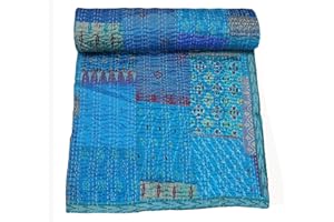Marubhumi Indian Handmade Quilt Indian Silk Sari Kantha Quilted Patchwork (Queen (90"x 108"), Sky)