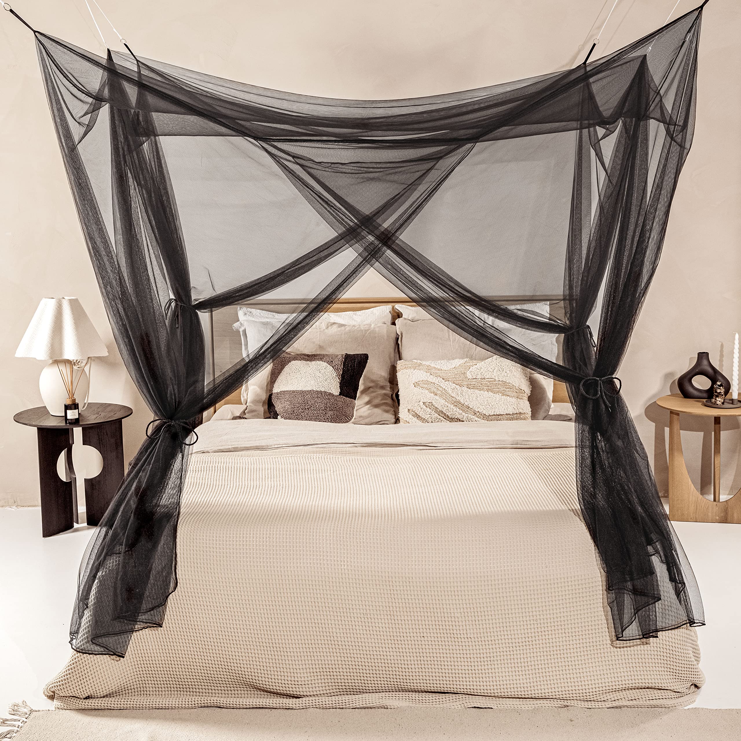 Black Mosquito Net for Single to King-Sized Beds – 4 Side Openings & 6 Hanging Loops – Decorative Rectangular Shape for Home & Travel – Bed Canopy Hanging Kit & Carrying Bag Included