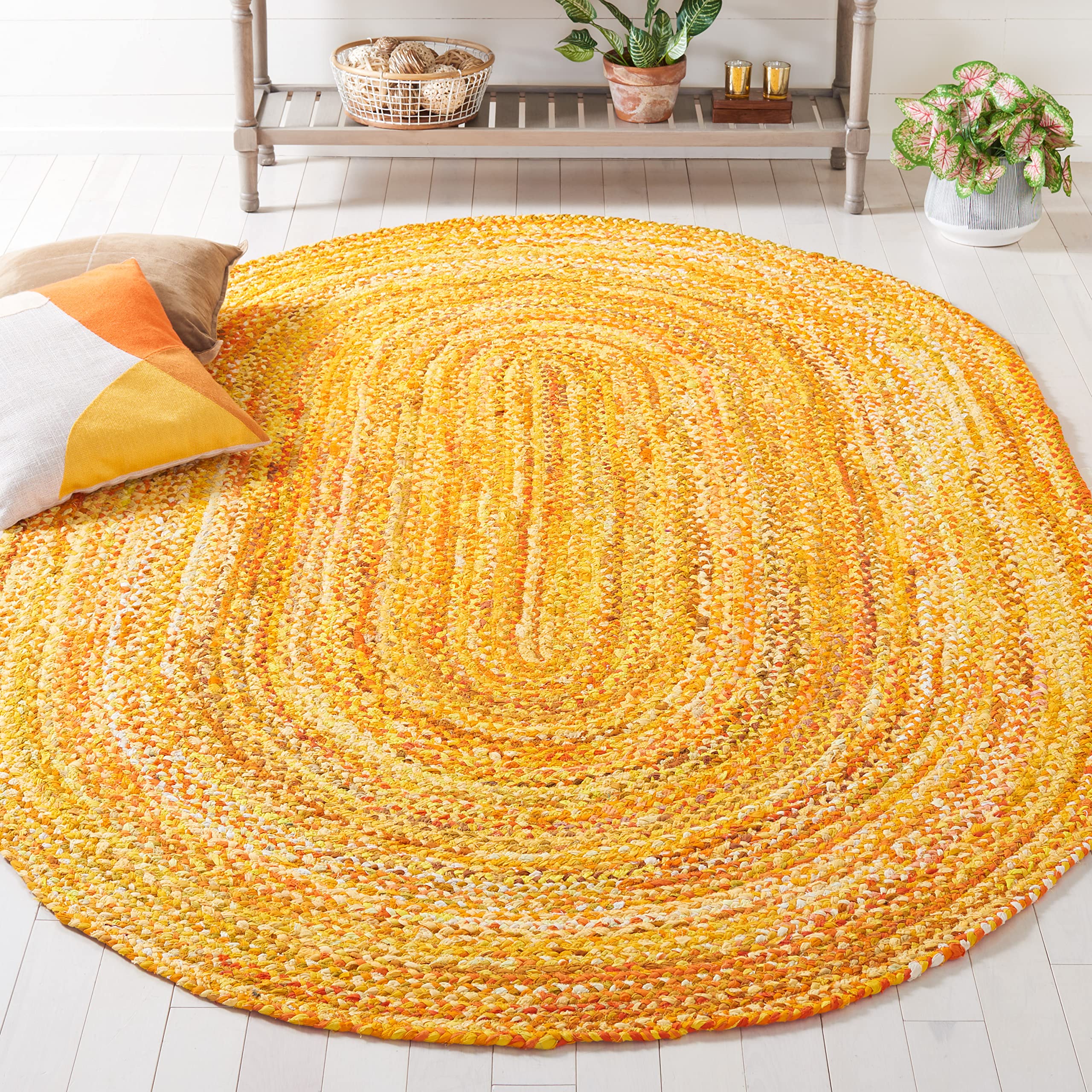 SAFAVIEH Braided Collection Area Rug – 5′ x 8′ Oval, Gold, Handmade Country Farmhouse Reversible Cotton, Ideal for High Traffic Areas in Living Room, Bedroom (BRD452D)