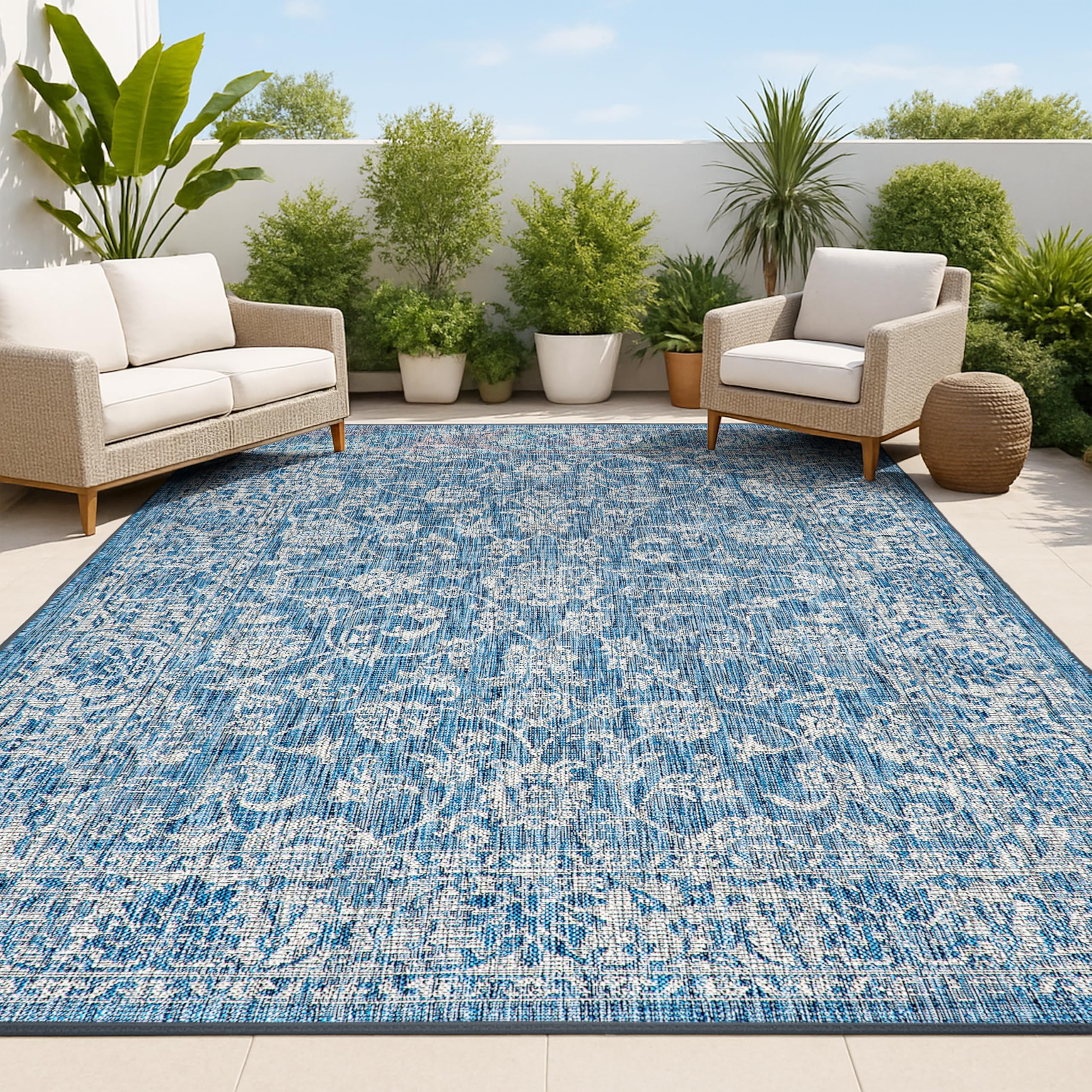JONATHAN Y Weave Floral Indoor Outdoor Area Rug 10X14 Navy/Gray, Tela Bohemian Textured for Backyard, Patio, Porch, Easy-Cleaning, High Traffic, Pet-Friendly, Non-Shedding (SMB100B-14) Image