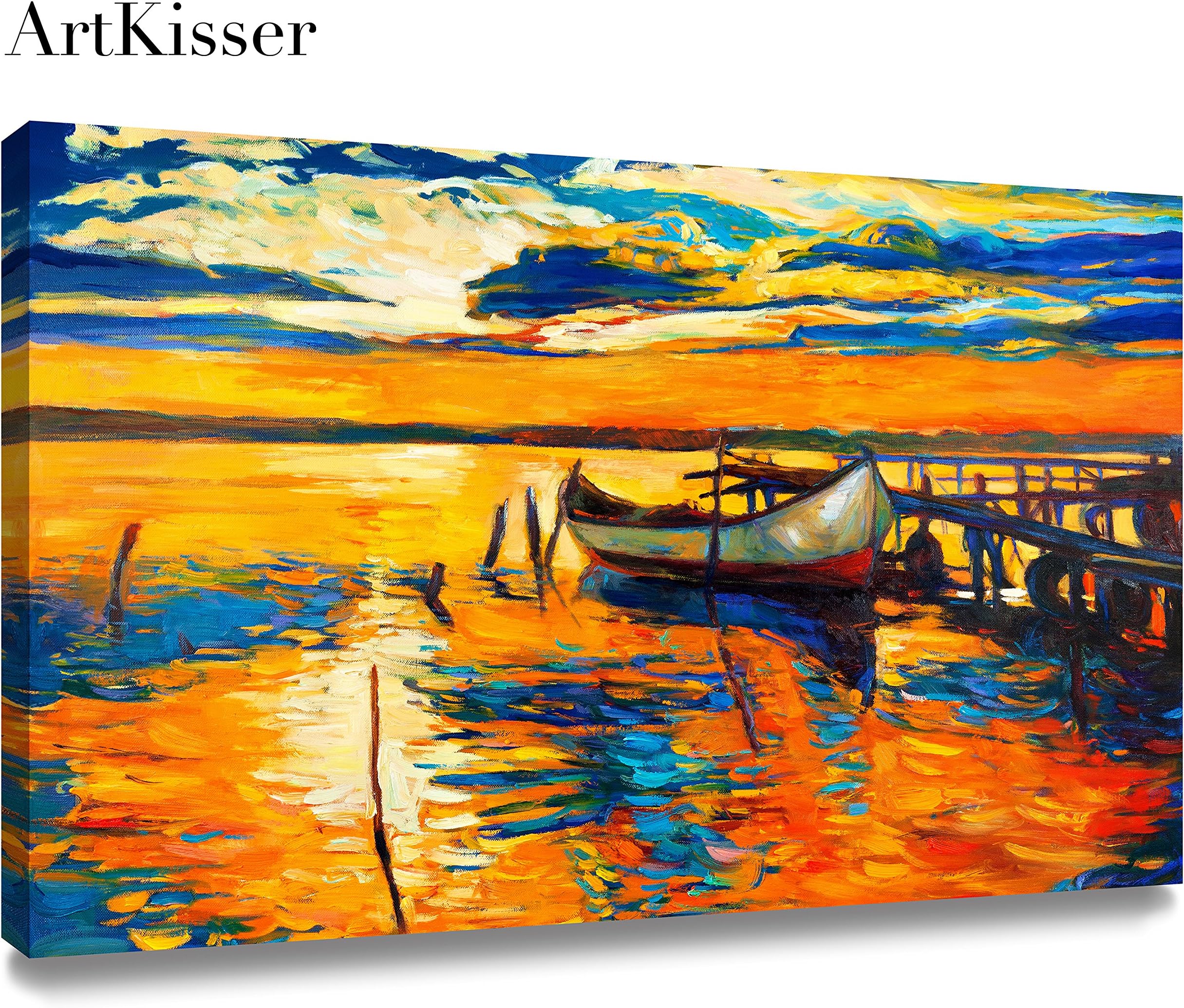 ArtKisser Oil Painting Sunset on Canvas Paintings for Living Room Framed Boats on Sea 16"x24"x 1.1"