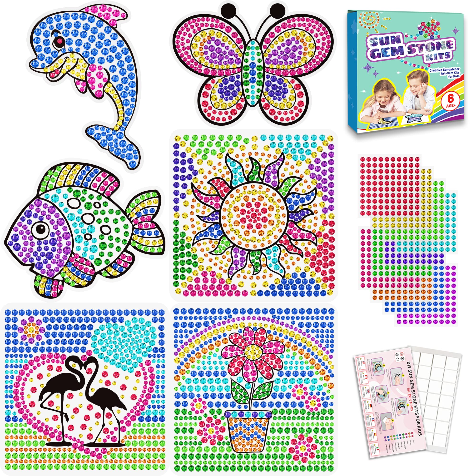 6 Sheets Suncatcher Kits for Kids Ages 6 7 8 9 10, DIY Diamond Painting Kit Butterfly Sunflower Dolphin for Girls Ages 6+, 5D Gem Diamond Window Art Craft Kits for Boys for Christmas Home Decor