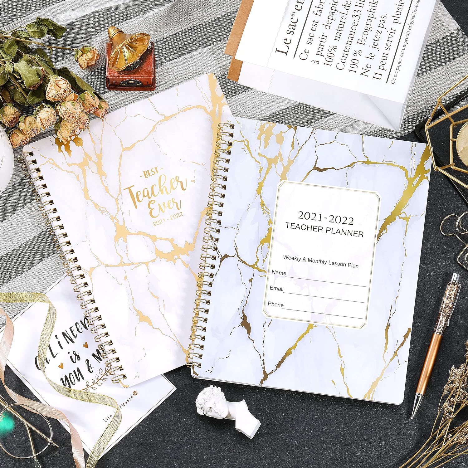 2021-2022 Teacher Planner - Weekly & Monthly Lesson Planner, July 2021-June 2022, 8'' x 10'', White Marble Cover Lesson Plan Book, Academic Teacher Planner with 3-months reference calendars, Flexible Cover, Twin-Wire, Monthly Printed Tabs: Office Products