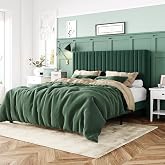 Allewie Queen Bed Frame, Velvet Upholstered Platform Bed with Adjustable Vertical Channel Tufted Headboard, Mattress Foundation with Strong Wooden Slats, Box Spring Optional, Easy Assembly, Green