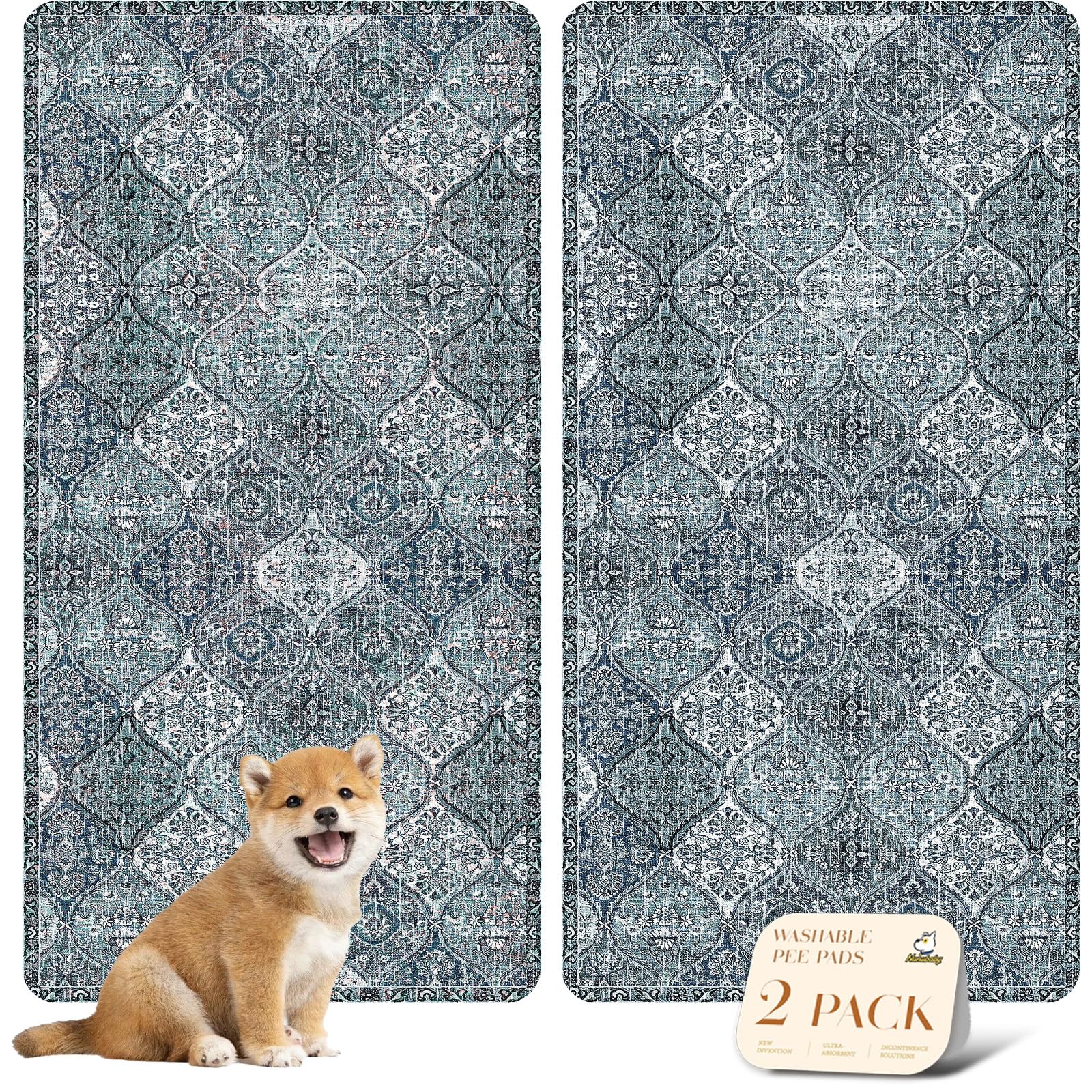 Photo 1 of nunubaby Washable Pee Pads for Dogs, Stylish, Non-Slip and Leak-Proof Pee Pads. Reusable Potty Pads for Dogs for Crates and Floors.(Blue/Multi, 24" x48" )