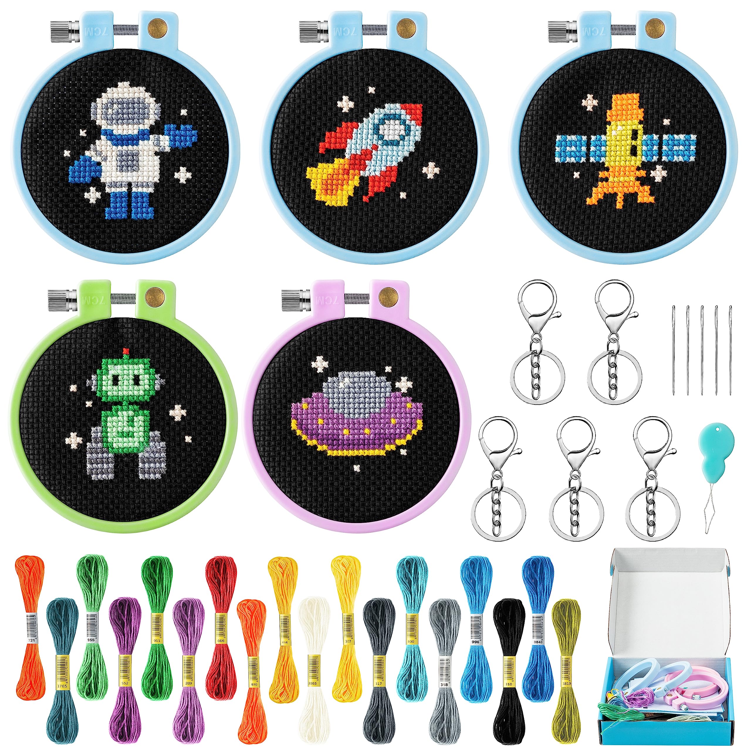 WATINC 9PCS Embroidery Cross Stitch Kits for Kids, Space Pattern Embroidery Beginners Set Stamped Cross Stitch Sewing Kit with Needle Point Keyrings, Starter Kit Sewing Set with Instructions — image 1