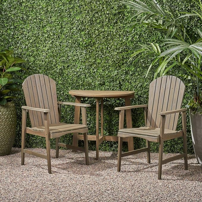 Great Deal Furniture Bridget Outdoor 2 Seater Half Round Acacia Wood Bistro Table Set With Adirondack Chairs Natural Bistro Sets