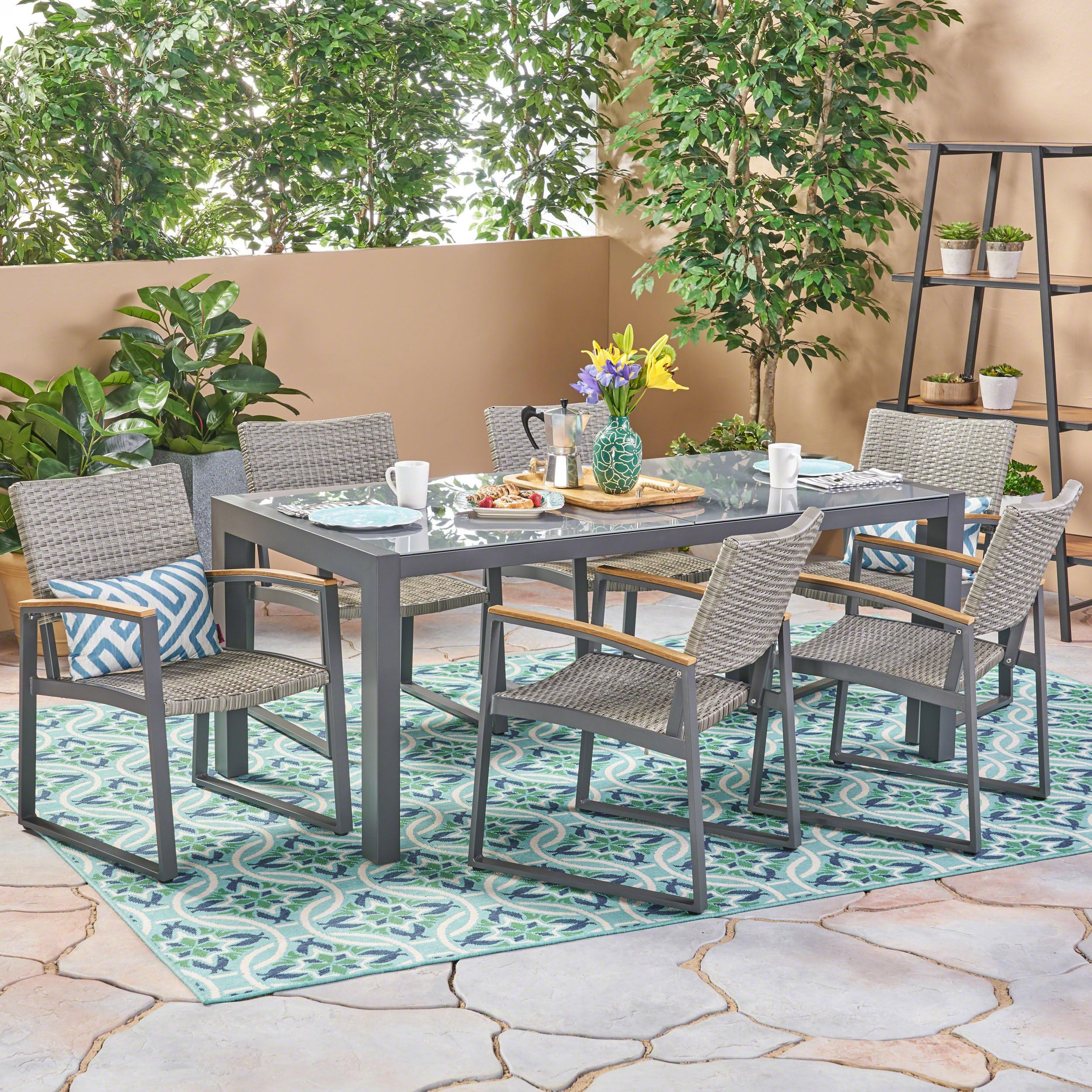 Christopher Knight Home Teina Outdoor Aluminum and Wicker 7 Piece Dining Set with Glass Table Top, Gray and Gray