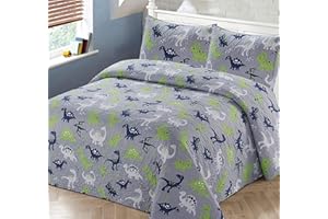 KIDS ZONE HOME LINEN 2pc Twin Bedspread Coverlet Quilt Set Kids/Teens Boys Children Multi-Color Dinosaurs Blue Green White Grey Dino Land All Dinosaurs New