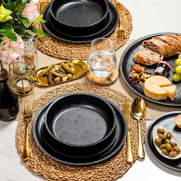 BZYOO 12 PIECE MELAMINE DINNERWARE SET – DURABLE, DISHWASHER SAFE BLACK PLATES AND BOWLS – CASUAL DINING, PARTIES, CAMPING DISH SET MONO BLACK COLLECTION