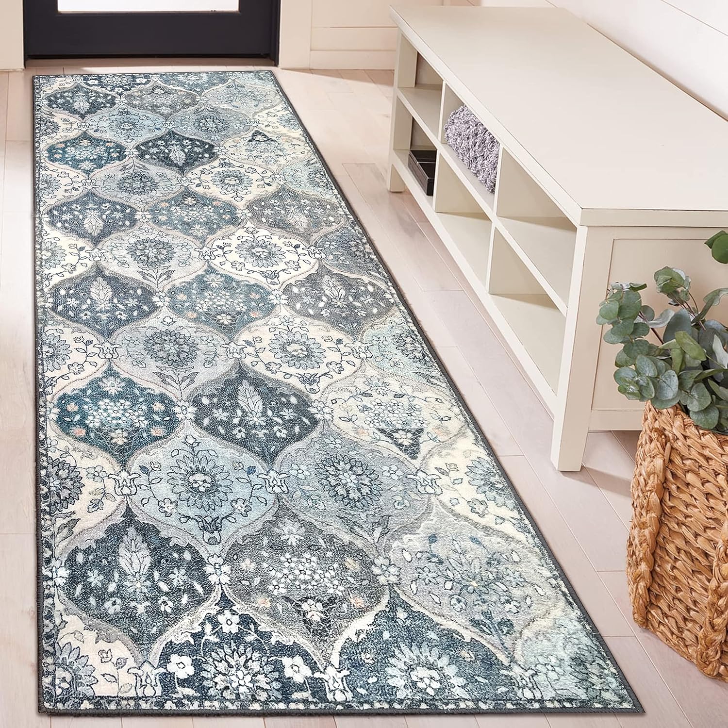 Rugs, Pads & Protectors - EARTHALL Moroccan Trellis 2x6 Washable Runner Rug Blue Bathroom Runner Rug Non Slip Kitchen Hallway Runner Floral Print Vintage Boho Carpet Runner for Living Room/Entryway/Kitchen/Laundry Room