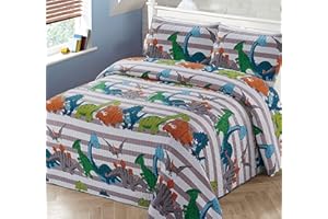 KIDS ZONE HOME LINEN 3pc Full/Queen Bedspread Coverlet Quilt Set for Kids Multi-Color Dinosaurs Stripe Quilt Grey Orange White Green Blue.
