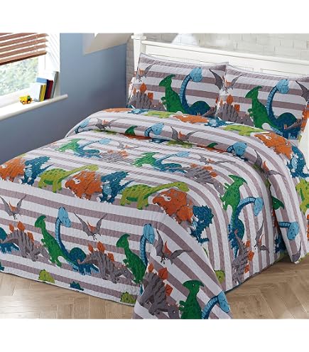 Juego De Cama 3 Piezas Con Dinosaurios - Colcha 90x90" + 2 Fundas De Almohada, Microfibra, Azul/Verde/Naranja