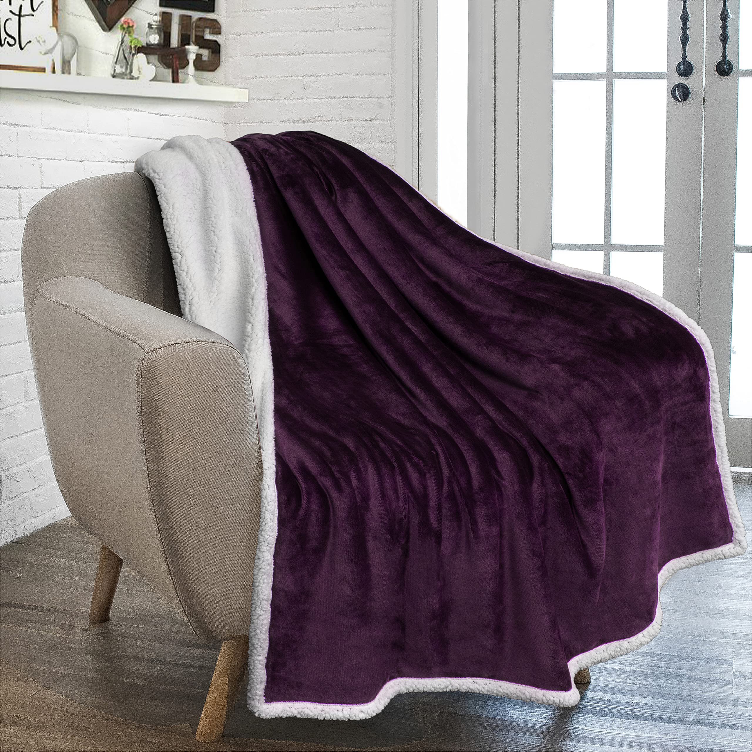 Photo 1 of PAVILIA Sherpa Fleece Throw Blanket for Couch, Purple, Plush Soft Fuzzy Sofa Blanket, Cozy Reversible Winter Throw for Women Men, 50x60 Inches