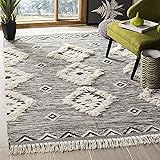 SafaviehKenya Collection Area Rug - 9' x 12', Black & Ivory, Hand-Knotted Moroccan Tribal Tassel Wool, Ideal for High Traffic Areas in Living Room, Bedroom (KNY906H)