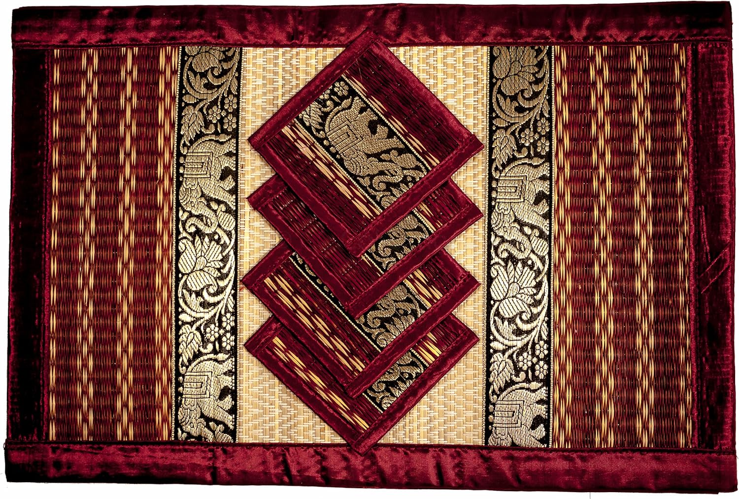 Cccollections Hand-Woven Table Placemats & Coasters Set for Everyday Dining, Dark Red-striped