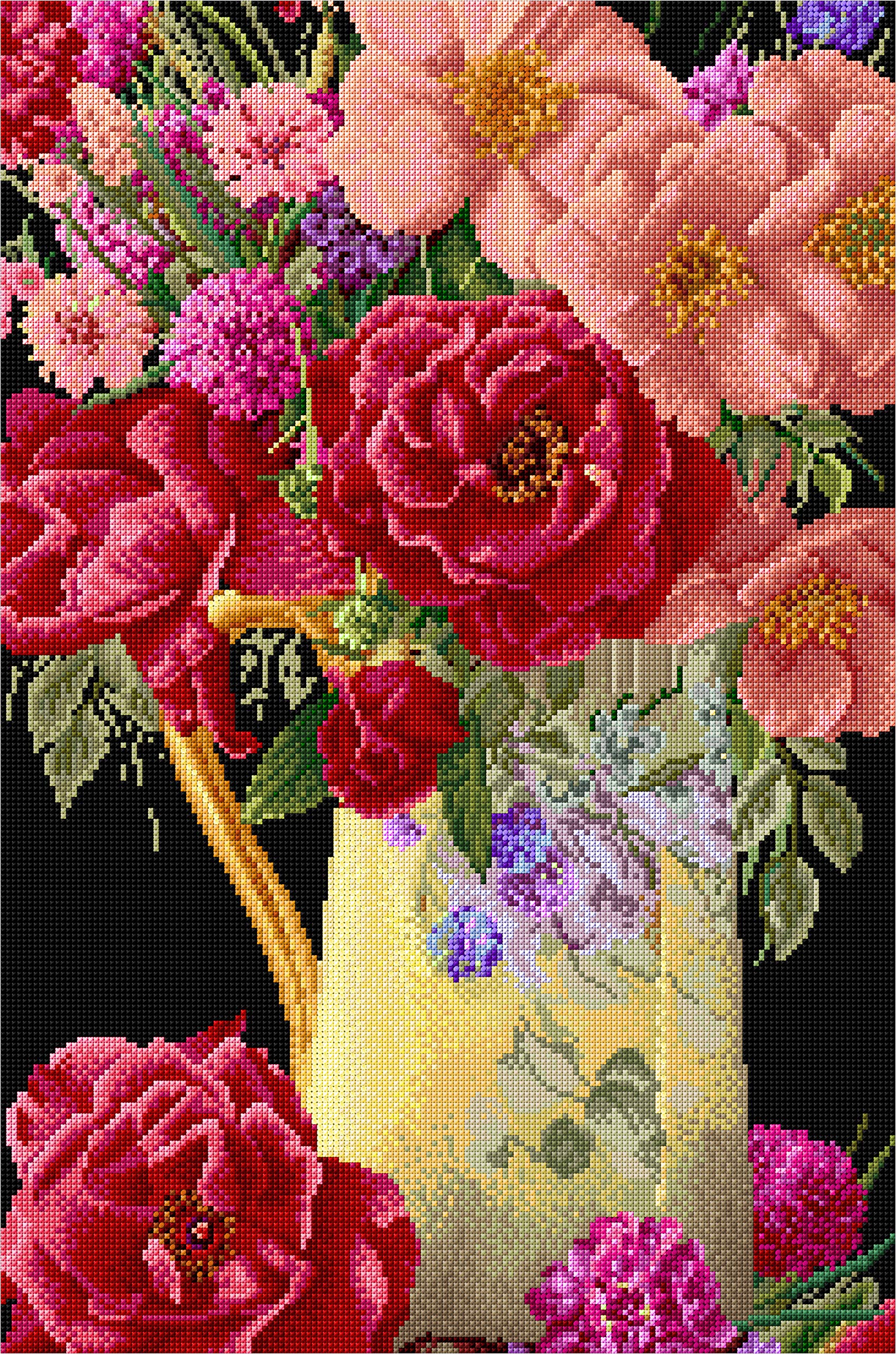 Thea Gouverneur - Counted Cross Stitch Kit - Rose Bouquet - Aida Black - 18 Count - Embroidery Kit for Adults - DMC Embroidery Threads and Other Cross Stitch Supplies Included - 3019.05