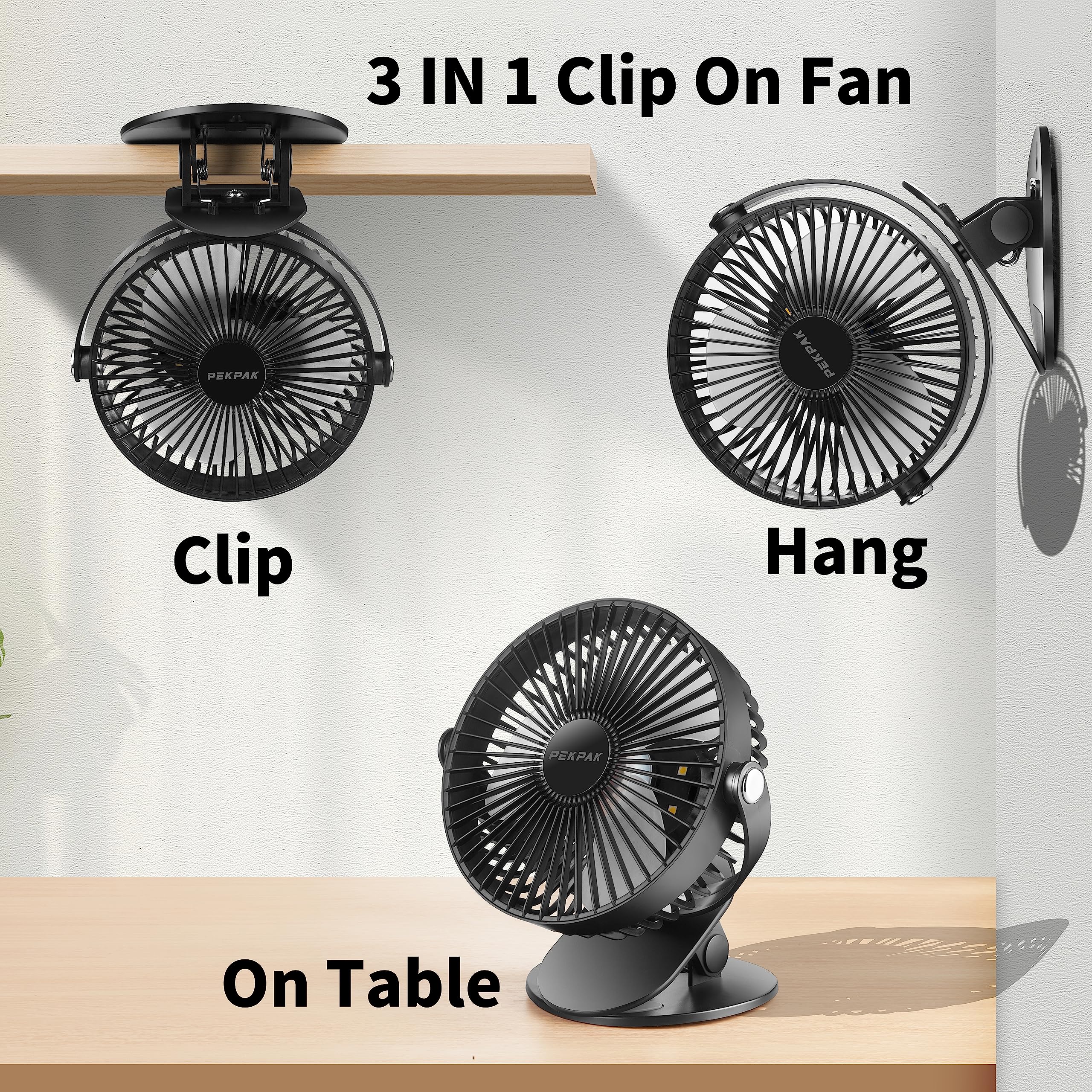 Clip on Fan,7 Inch 5000mAh Battery Operated Fan,Rechargeable Personal,3 in 1 Desk Portable Usb Fan,LED Light,3 Speeds,720°Rotation for Travel/Stroller/Bed/Office/Camping/Dorm/Bedroom(Black)