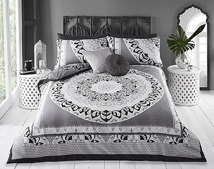 Pieridae Paisley Mandala Bettdeckenbezug- und Kissenbezugset, Tagesbettdecke (Einzel, Grau)