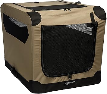 AmazonBasics Portable Folding Soft Dog Travel Crate Kennel - 18 x 18 x 26 Inches, Tan