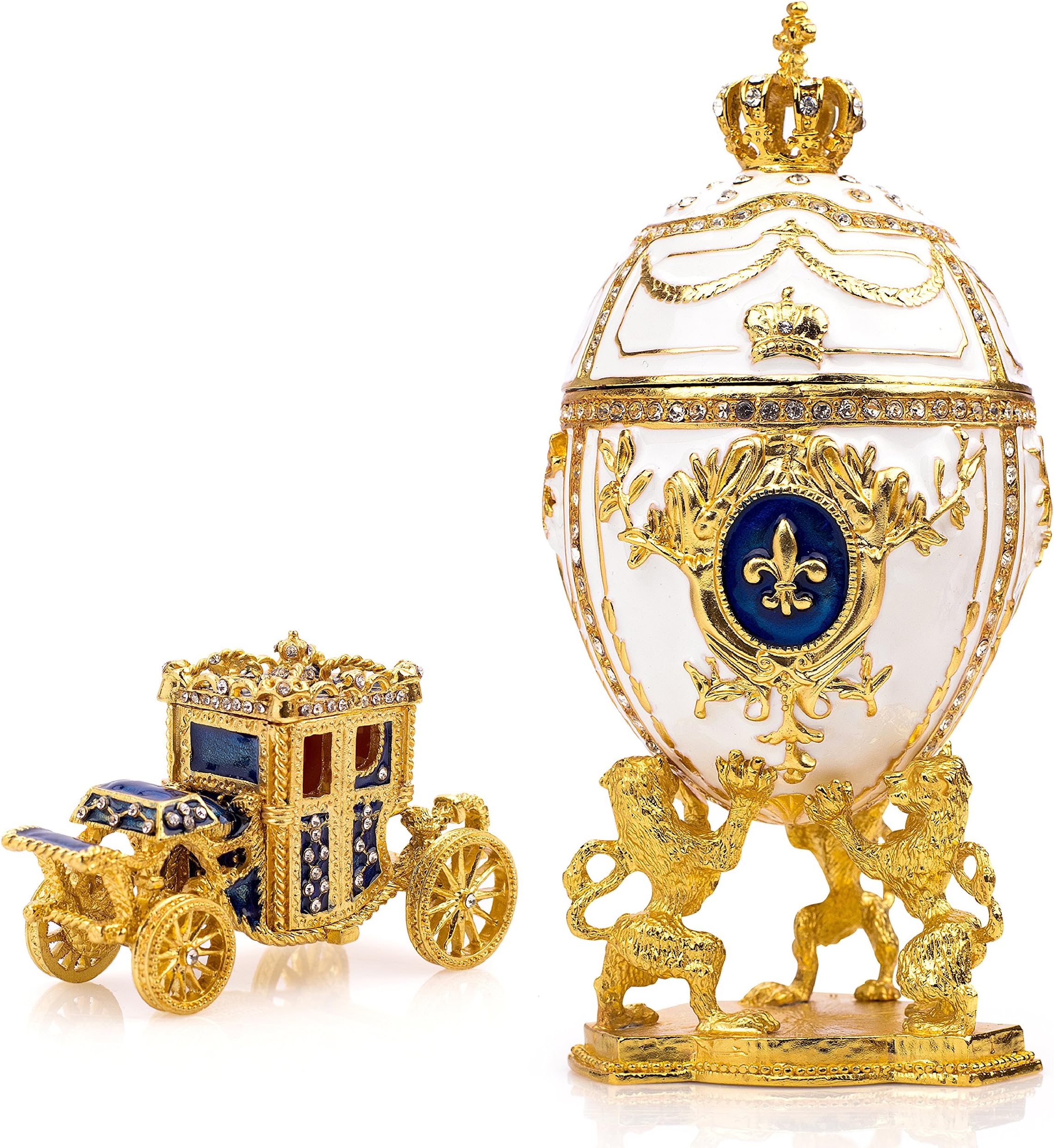 Unique, Decorative White Faberge Egg: Extra Large 6.6 inches, Hand Painted Jewelry Box for The Ultimate Home Décor, Comes with Gift Faberge Carriage, Store Your Rings, Earrings and Jewelry in Style