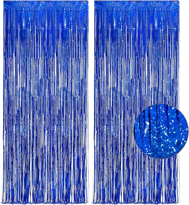 GREATRIL Dark Blue Foil Fringe Curtain 1m x 2.5m Pack of 2 Backdrop