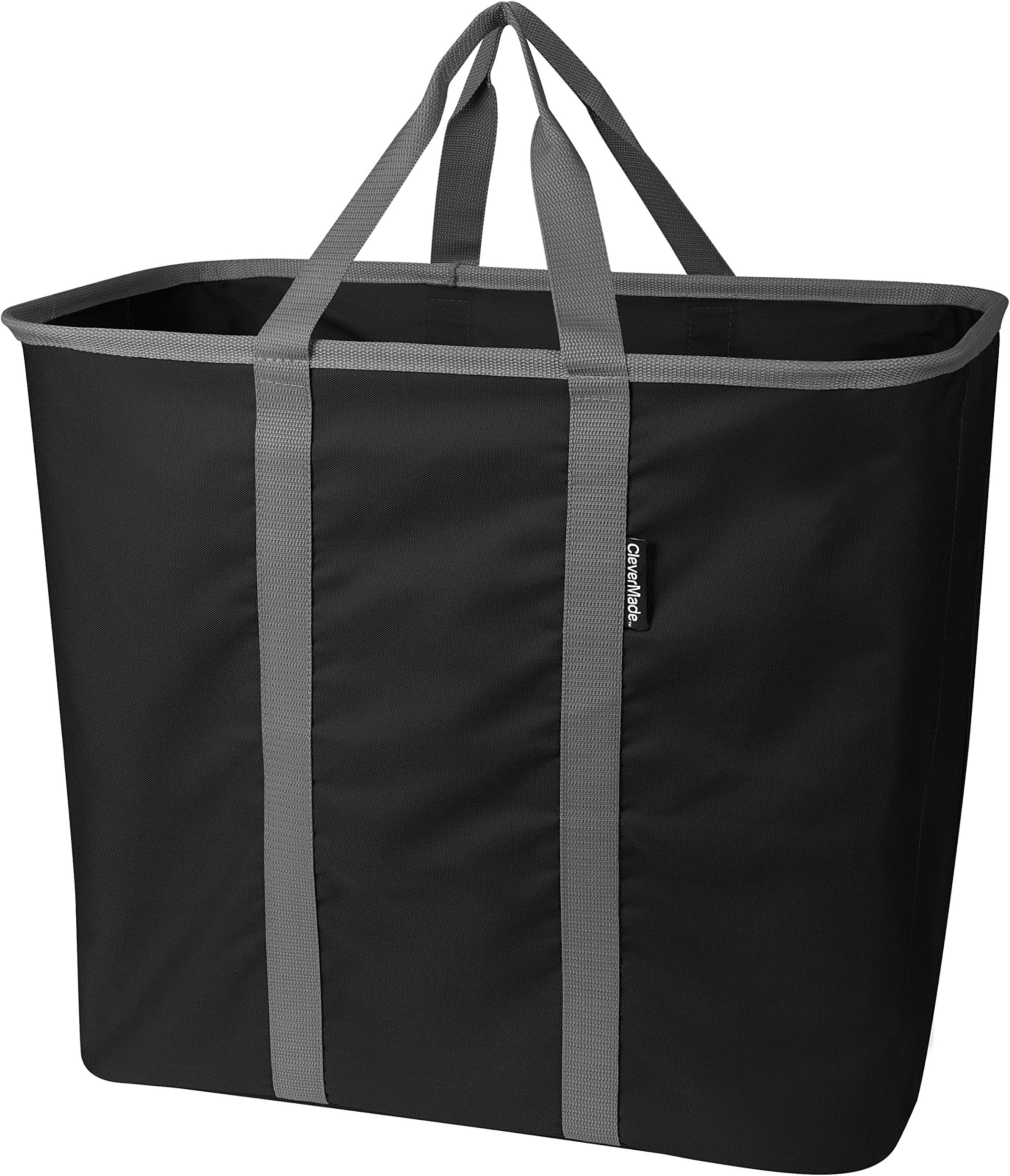 CleverMade Collapsible Laundry Tote, Large Foldable Clothes Hamper Bag, LaundryCaddy CarryAll XL Pop Up Storage Basket with Handles, Black/Grey