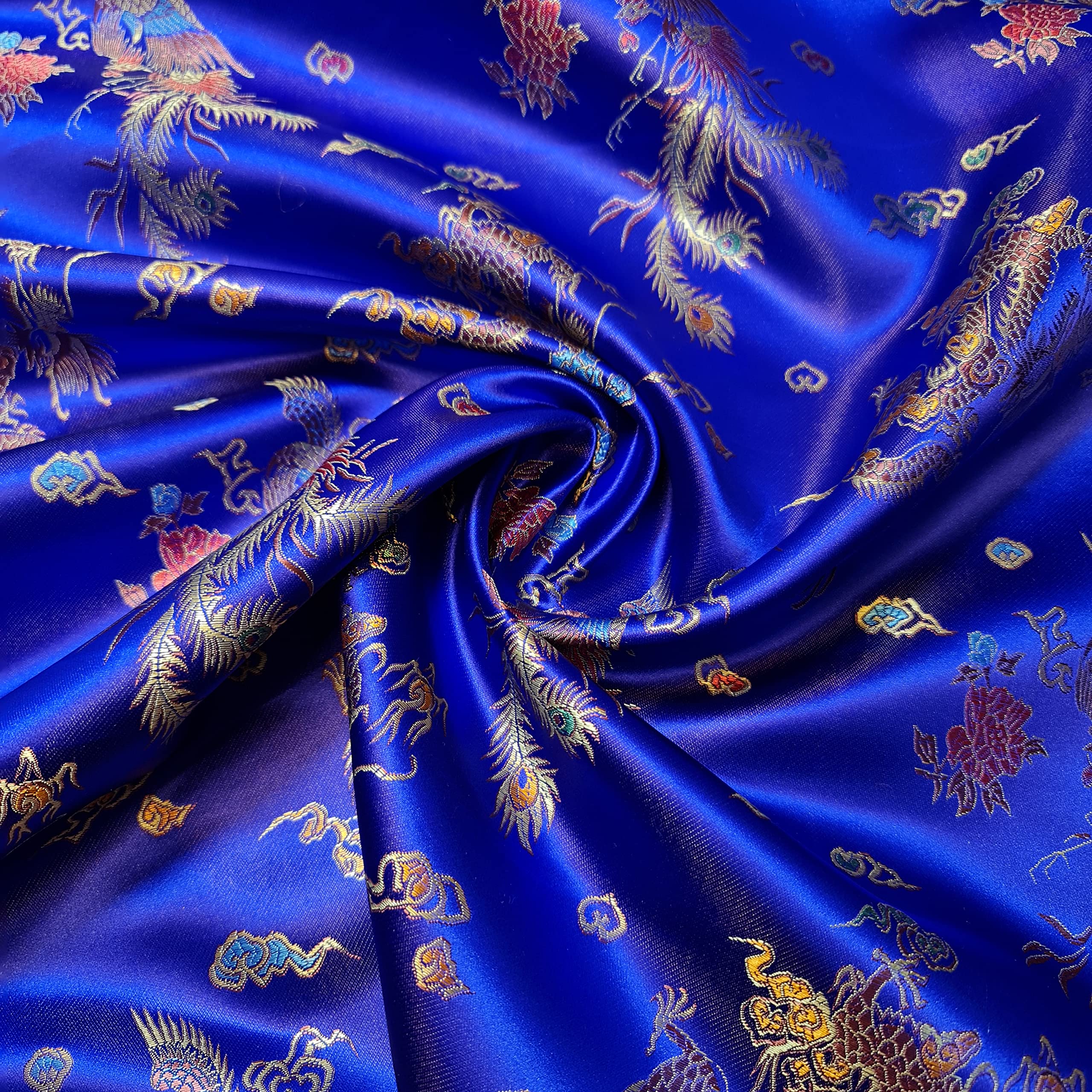 Oriental Chinese Embroidery Brocade Poly Silk Satin Oriental Dragon Fabric 36" (Royal Blue, 1 Meter) — image 1