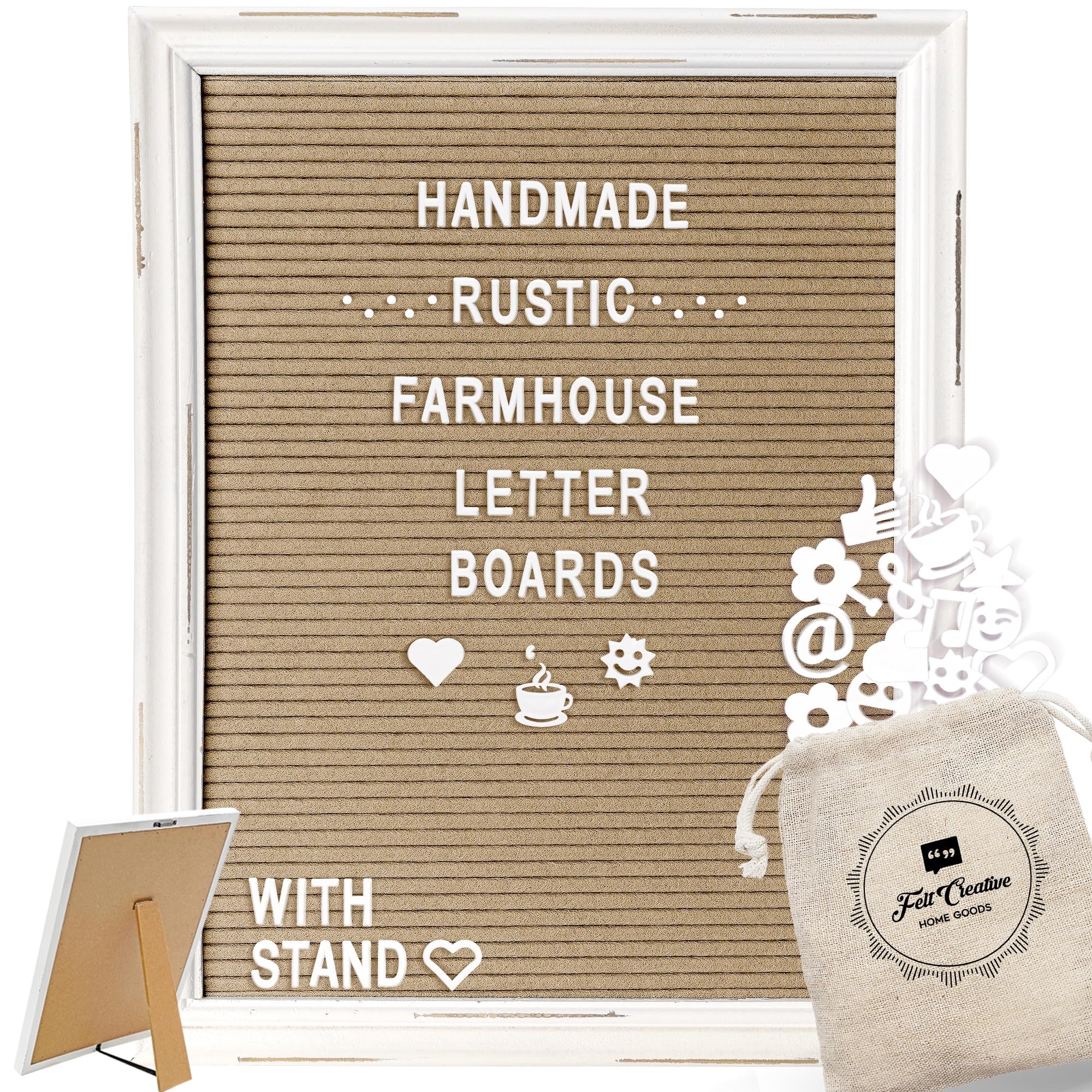 Felt Letter Board with Rustic White Wood Farmhouse Vintage Frame and Stand by Felt Creative Home Goods | Changeable Message Board Includes 350 White Alphabet Letters (Cappuccino, 12x16 Inches)