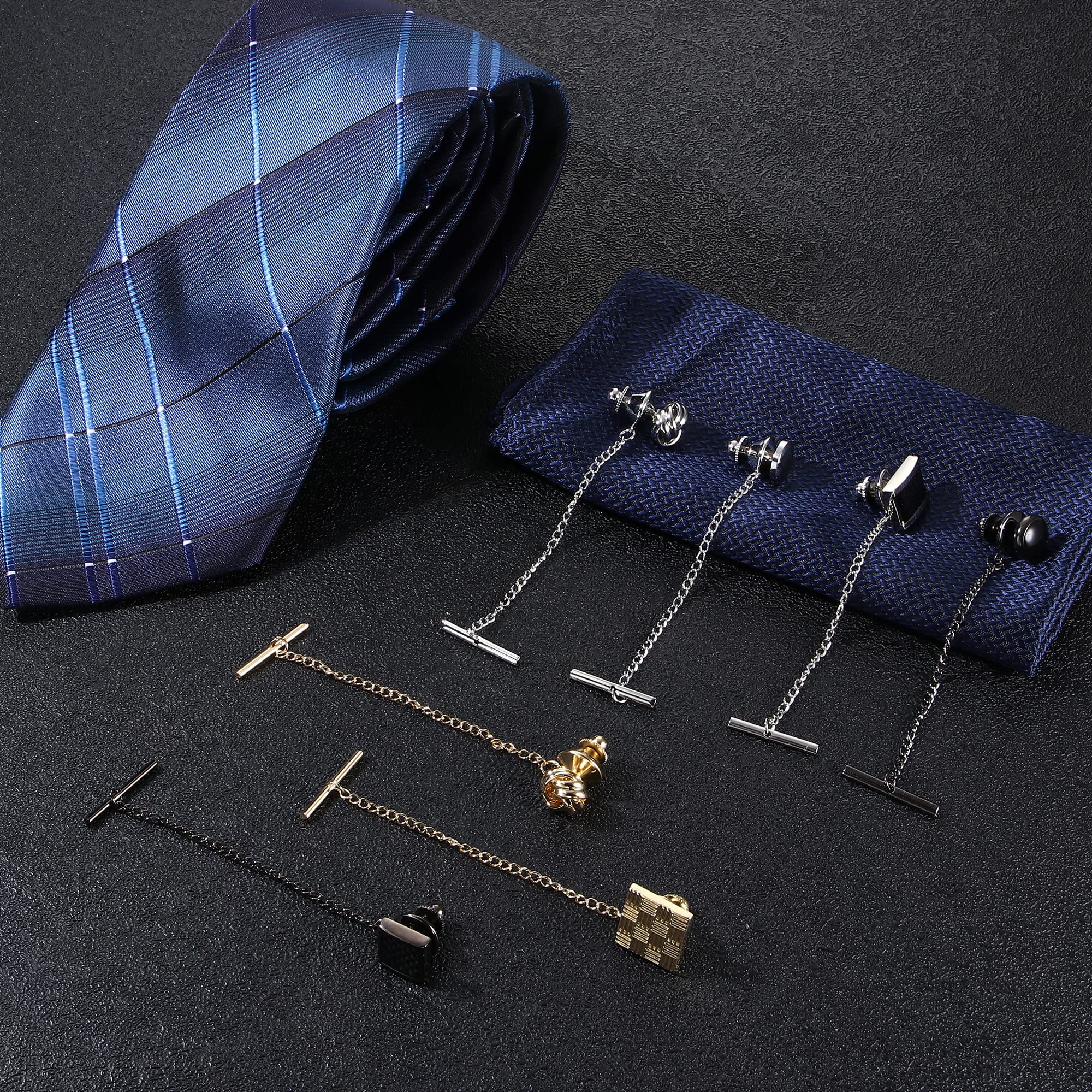 FUNRUN JEWELRY FUNRUN JEWELRY 7Pcs Tie Tacks for Men Tie Pins with Chain Black Gold Silver Tone Tie Tack Clutch for Wedding Birthday Anniversary Business Jewelry