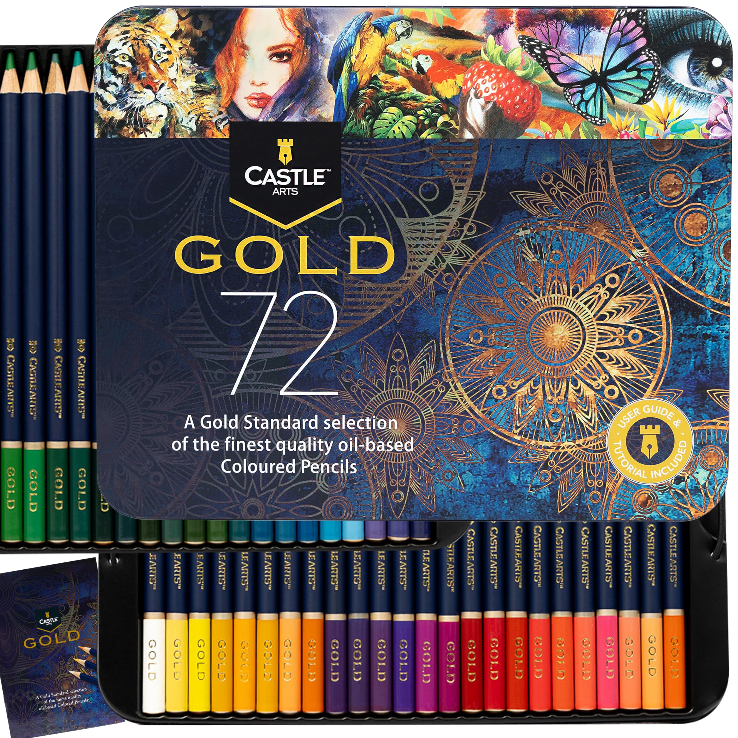 Castle Art Supplies Gold Standard 72 Colouring Pencils Set | Quality Oil-based Coloured Cores Stay Sharper, Tougher Against Breakage | For Adult Artists, Colourists | In Presentation Tin Box