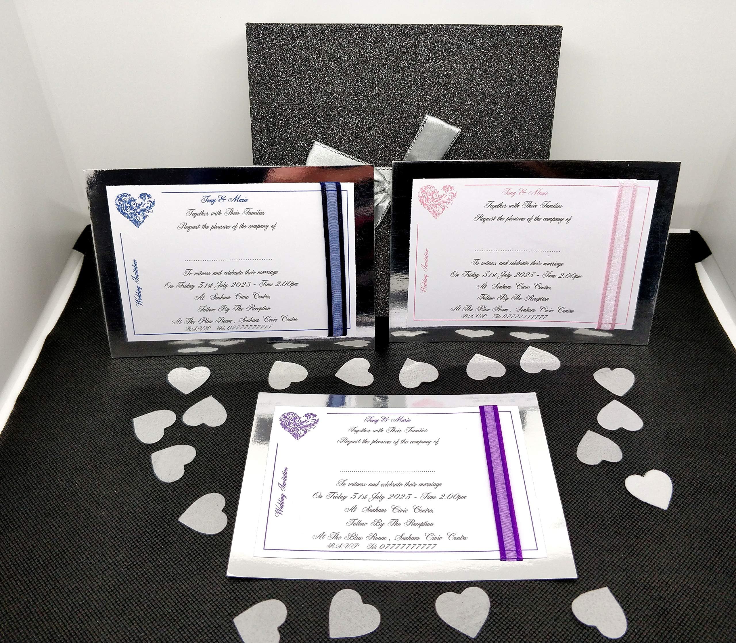 New 25, 50, 75, 00 x Personalised Wedding Invitations &/Or Evening Invitations Design C, Heart Design & Organza Ribbon on Mirrored Silver Card, 7 x Colours, With Envelopes