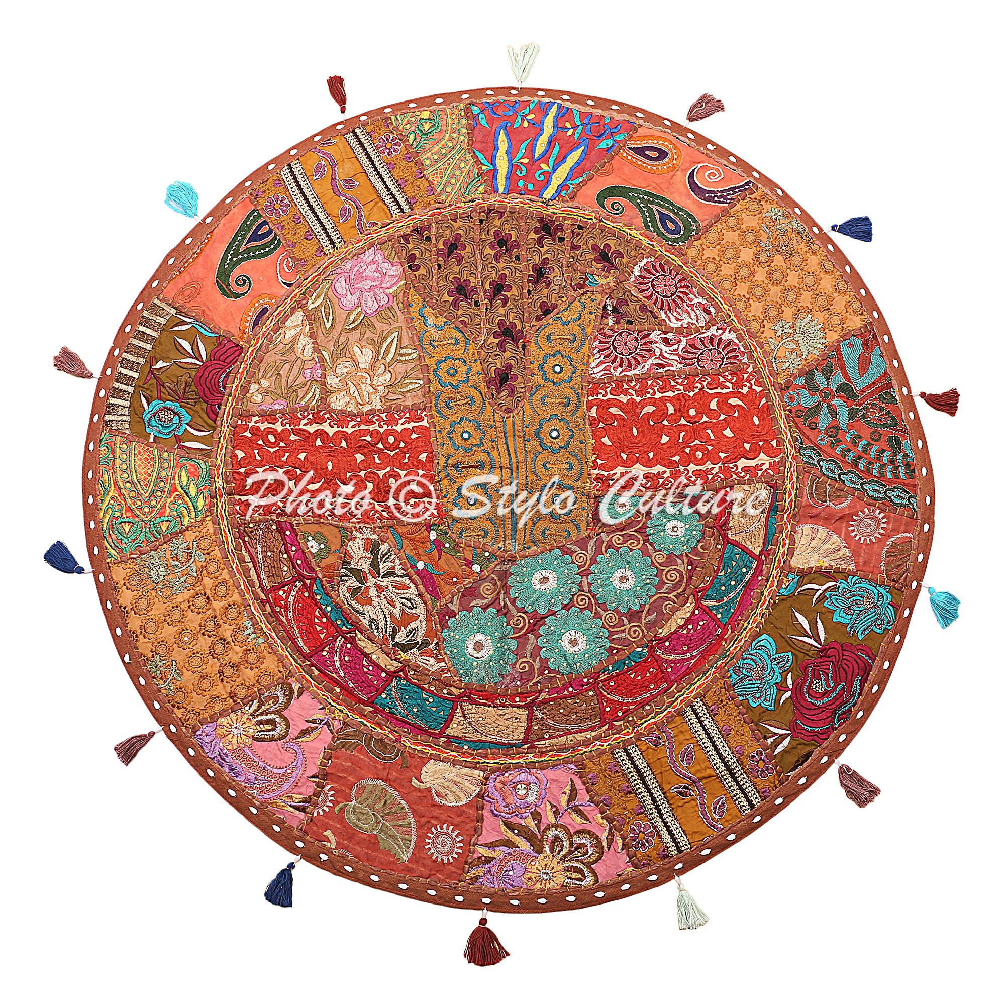 Stylo Culture Indian Bohemian Floor Pillow Chair Scatter Cushion Cover Dark Brown 100x100 cm Vintage Patchwork Round Jumbo 40 Inch Living Room Cotton Embroidered Seating Pouffe Cover